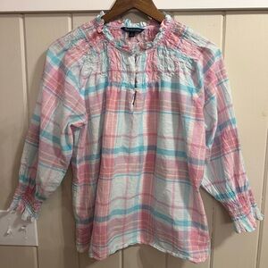 Brooks Women’s Brothers Baby Pink & Blue Ruffled Blouse, Size Small